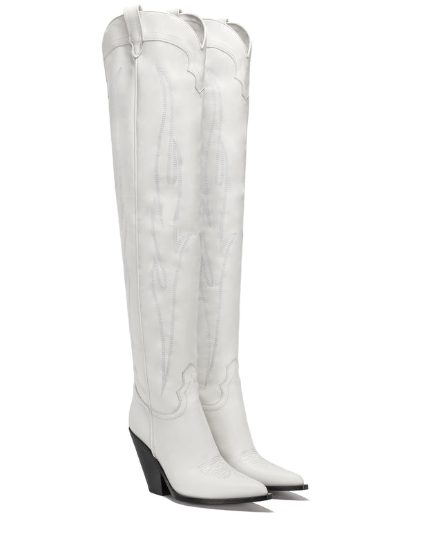 HERMOSA Women's Over The Knee Boots in White Calfskin | On Tone Embroidery